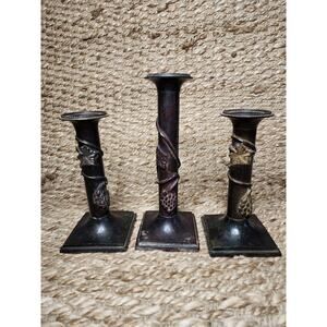 3 Vintage Traditional Italian Cast Iron Bronze Grapevine Candlestick Holders